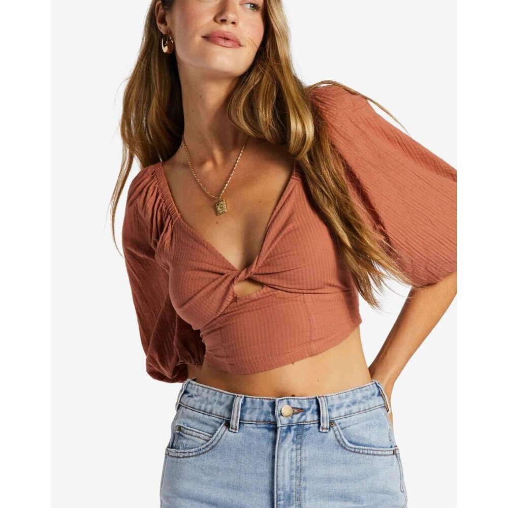 Billabong Terracota Brown Smocked Bubble Sleeve Cropped Top Women's Size Small